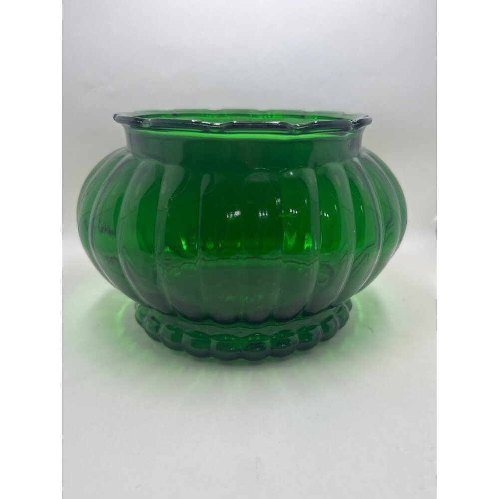 Vtg ALR Co Ribbed Oval Flower Vase Planter Glass Emerald Green Scalloped Edge